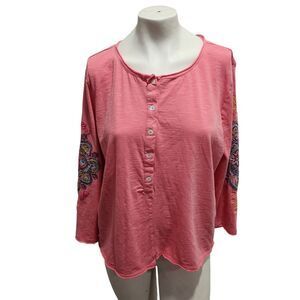 Relaxed Henley Top with Embroidered Sleeve Detail - Pink